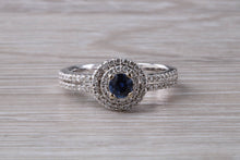 Load image into Gallery viewer, Blue Sapphire and Double Halo set Diamond Ring