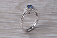 Load image into Gallery viewer, Blue Sapphire and Double Halo set Diamond Ring