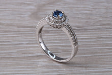 Load image into Gallery viewer, Blue Sapphire and Double Halo set Diamond Ring