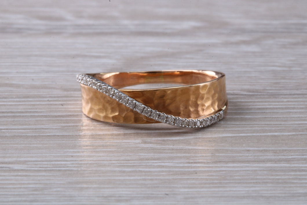 Diamond set Ring with Hammered Finish in 18ct Rose Gold