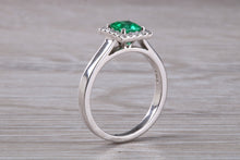 Load image into Gallery viewer, Emerald and Diamond Halo set Platinum Ring