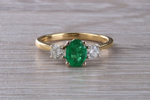 Load image into Gallery viewer, 1.40 carat Emerald and Diamond Trilogy Ring set in 18ct Gold, British Hallmarked