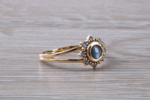 Cats Eye Alexandrite and Diamond cluster dress ring, 9ct yellow gold, suitable for all age groups