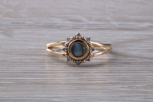 Cats Eye Alexandrite and Diamond cluster dress ring, 9ct yellow gold, suitable for all age groups