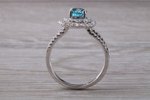 Load image into Gallery viewer, Blue Zircon and Diamond Double Halo set Ring