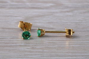 Round cut Emerald set 18ct Yellow Gold Solitaire Earrings
