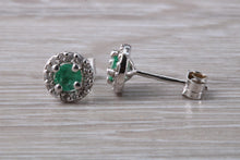 Load image into Gallery viewer, Emerald and Diamond Halo set 18ct White Gold Stud Earrings