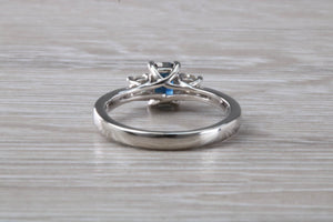 Emerald cut Blue Sapphire and Diamond Trilogy Ring