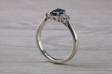 Load image into Gallery viewer, Emerald cut Blue Sapphire and Diamond Trilogy Ring