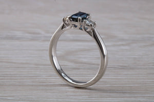 Emerald cut Blue Sapphire and Diamond Trilogy Ring