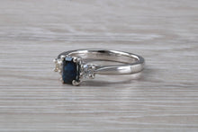 Load image into Gallery viewer, Emerald cut Blue Sapphire and Diamond Trilogy Ring