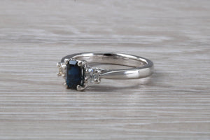 Emerald cut Blue Sapphire and Diamond Trilogy Ring
