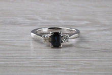 Load image into Gallery viewer, Emerald cut Blue Sapphire and Diamond Trilogy Ring