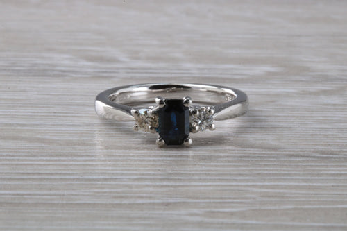 Emerald cut Blue Sapphire and Diamond Trilogy Ring