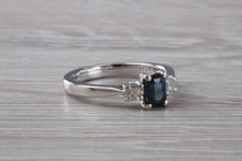 Load image into Gallery viewer, Emerald cut Blue Sapphire and Diamond Trilogy Ring