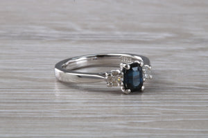 Emerald cut Blue Sapphire and Diamond Trilogy Ring