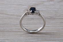 Load image into Gallery viewer, Emerald cut Blue Sapphire and Diamond Trilogy Ring