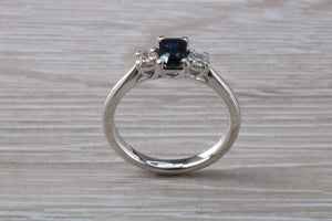 Emerald cut Blue Sapphire and Diamond Trilogy Ring