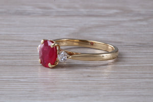 Natural Ruby and Diamond Trilogy Ring. Oval cut Ruby and Round cut Diamonds. July Birthstone, Ideal ruby anniversary gift