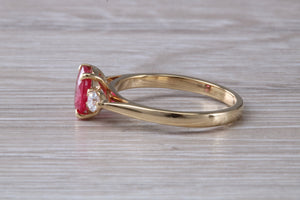 Natural Ruby and Diamond Trilogy Ring. Oval cut Ruby and Round cut Diamonds. July Birthstone, Ideal ruby anniversary gift