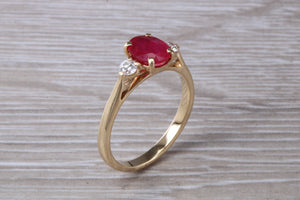 Natural Ruby and Diamond Trilogy Ring. Oval cut Ruby and Round cut Diamonds. July Birthstone, Ideal ruby anniversary gift