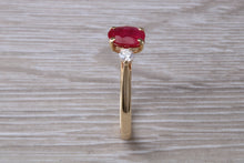 Load image into Gallery viewer, Natural Ruby and Diamond Trilogy Ring. Oval cut Ruby and Round cut Diamonds. July Birthstone, Ideal ruby anniversary gift