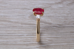 Natural Ruby and Diamond Trilogy Ring. Oval cut Ruby and Round cut Diamonds. July Birthstone, Ideal ruby anniversary gift