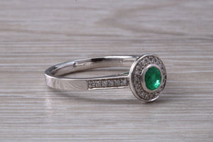 Emerald and Diamond Halo set White Gold Ring