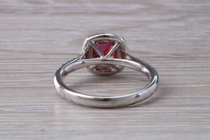 Cushion cut Burmese Ruby and Diamond Double Halo set Ring