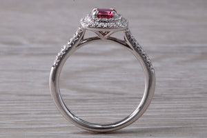 Cushion cut Burmese Ruby and Diamond Double Halo set Ring