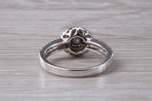 Load image into Gallery viewer, Blue Sapphire and Double Halo set Diamond Ring