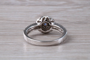 Blue Sapphire and Double Halo set Diamond Ring