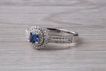 Load image into Gallery viewer, Blue Sapphire and Double Halo set Diamond Ring