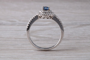 Blue Sapphire and Double Halo set Diamond Ring