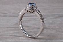 Load image into Gallery viewer, Blue Sapphire and Double Halo set Diamond Ring