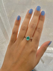 Emerald and Halo set Diamond White Gold Ring