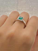 Load image into Gallery viewer, Emerald and Diamond Halo set Platinum Ring