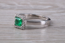 Load image into Gallery viewer, Emerald and Diamond Halo set Platinum Ring