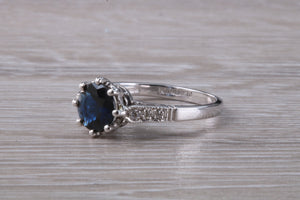 Antique Style One carat Blue Sapphire and Diamond set Platinum Ring