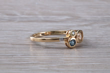 Load image into Gallery viewer, Multi gemstone set ring, 9ct yellow gold and set with bluse sapphire, green sapphire and yellow sapphireand diamonds