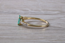 Load image into Gallery viewer, Dainty Oval cut Emerald and Diamond set Yellow Gold Ring