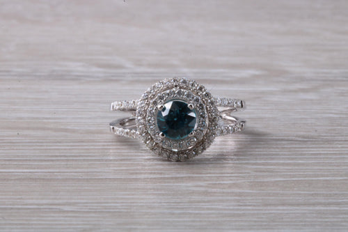 Blue Zircon and Diamond Double Halo set Ring