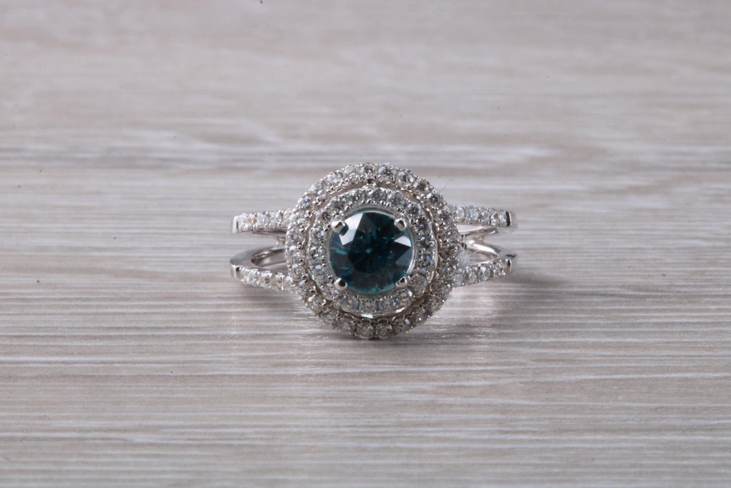 Blue Zircon and Diamond Double Halo set Ring