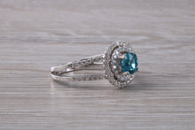 Load image into Gallery viewer, Blue Zircon and Diamond Double Halo set Ring