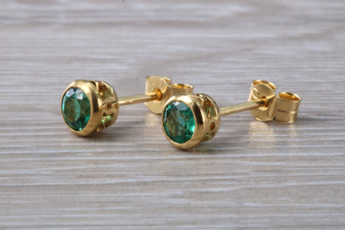 Bottle Green Emerald set 18ct Yellow Gold Stud Earrings