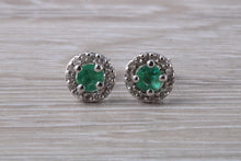 Load image into Gallery viewer, Emerald and Diamond Halo set 18ct White Gold Stud Earrings
