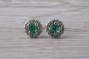 Emerald and Diamond Halo set 18ct White Gold Stud Earrings