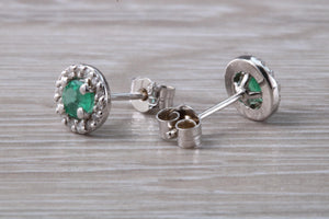 Emerald and Diamond Halo set 18ct White Gold Stud Earrings