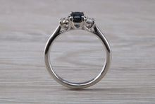 Load image into Gallery viewer, Emerald cut Blue Sapphire and Diamond Trilogy Ring