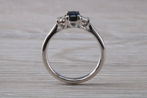 Emerald cut Blue Sapphire and Diamond Trilogy Ring
